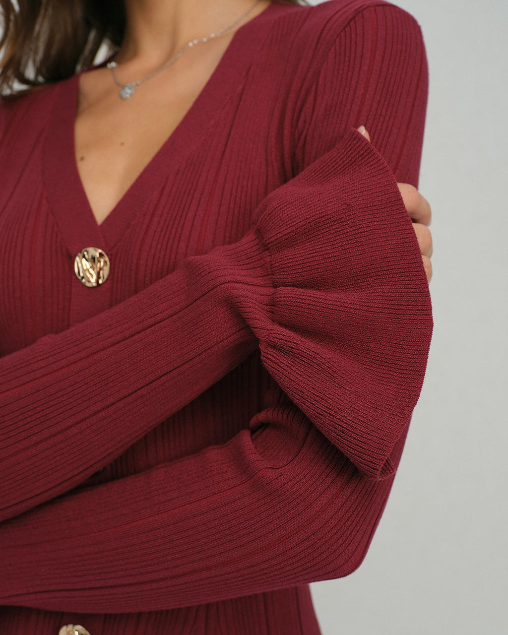 Wine Red V-Neck Sweater Dress with Bell Sleeves