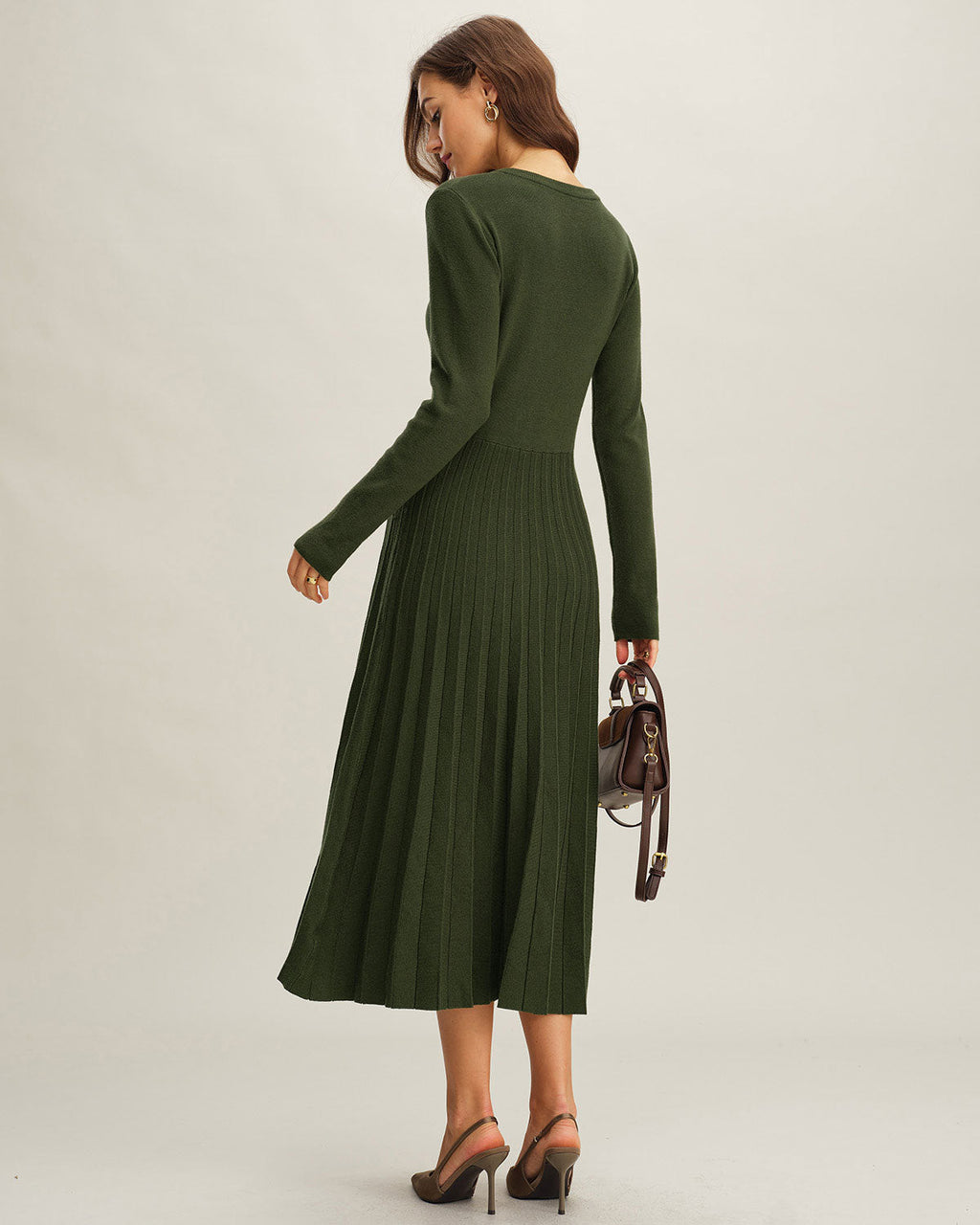 Pleated Green Round Neck Sweater Dress
