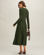 Pleated Green Round Neck Sweater Dress