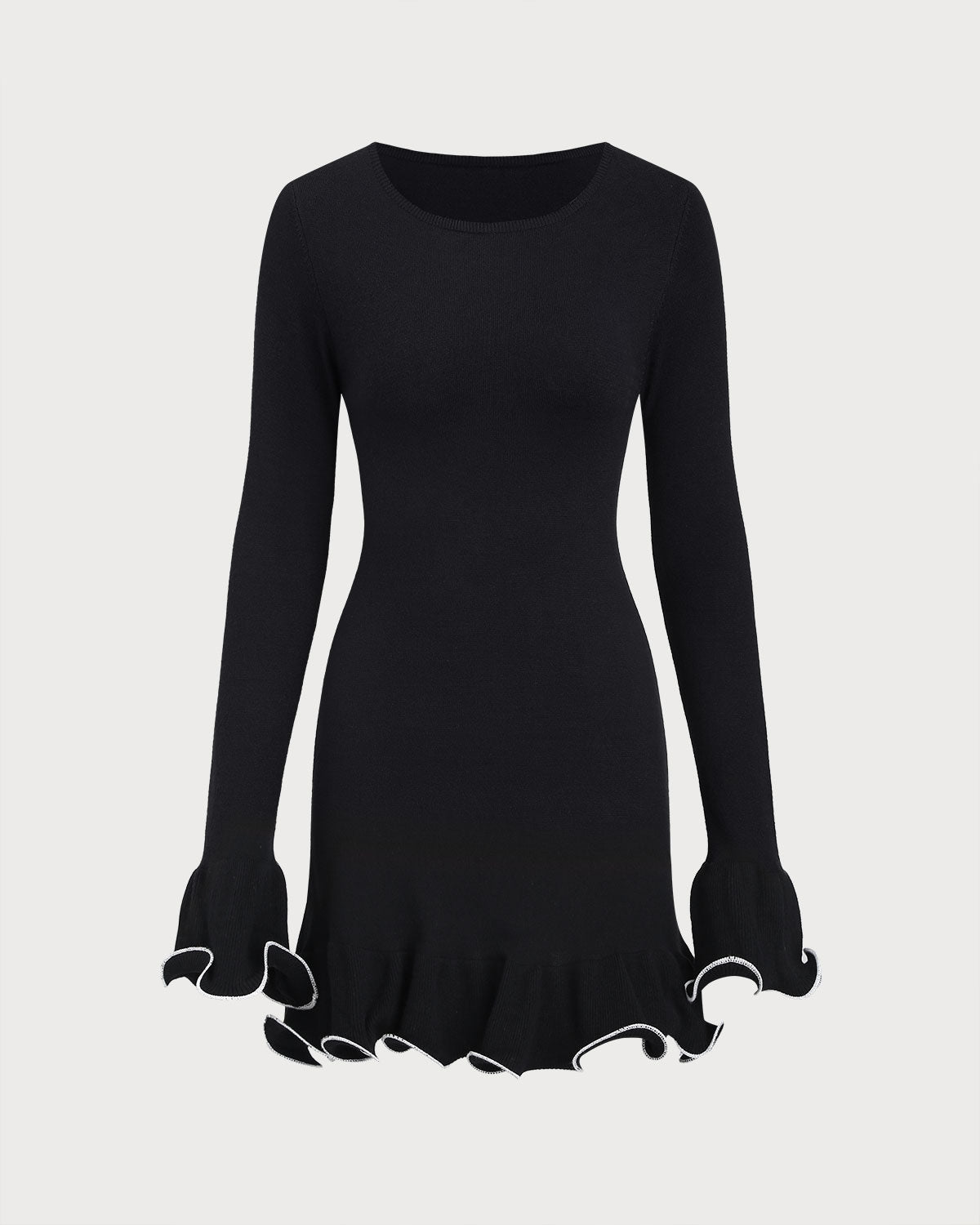 Mini Dress with Ruffled Black Ribbed Sweater Design