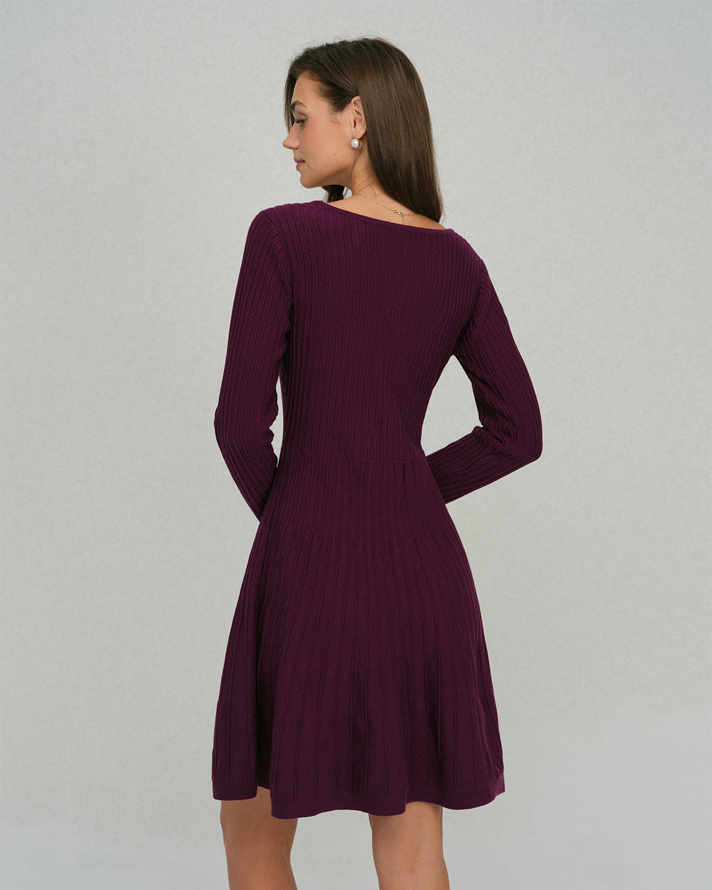 Purple A-Line Sweater Dress with Square Neck