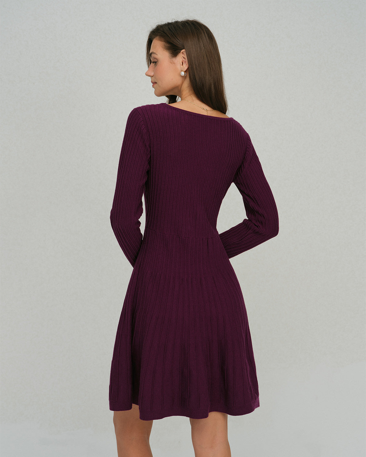 Purple A-Line Sweater Dress with Square Neck