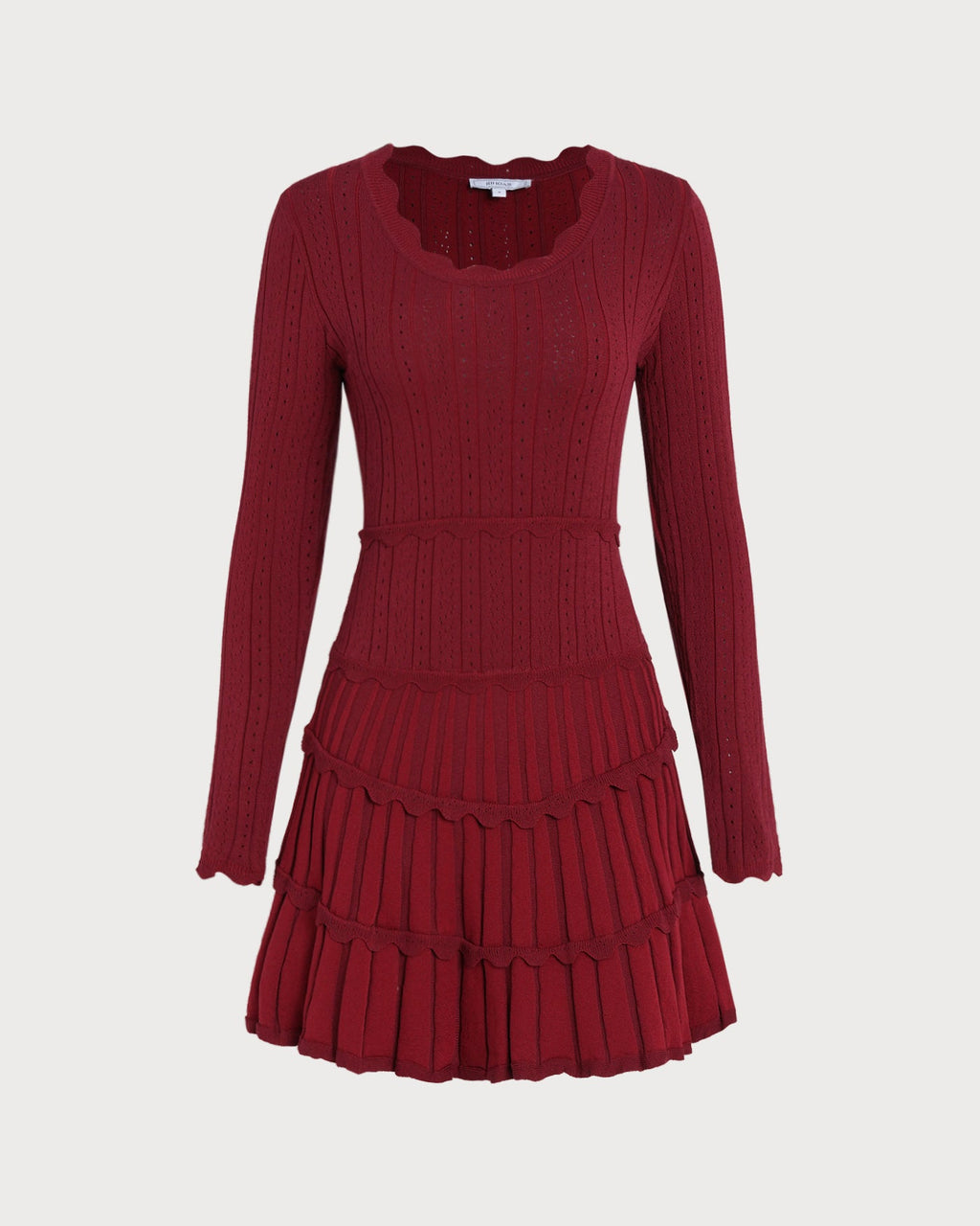 Scalloped Viscose Sweater Dress in Wine Red