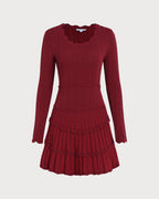 Scalloped Viscose Sweater Dress in Wine Red
