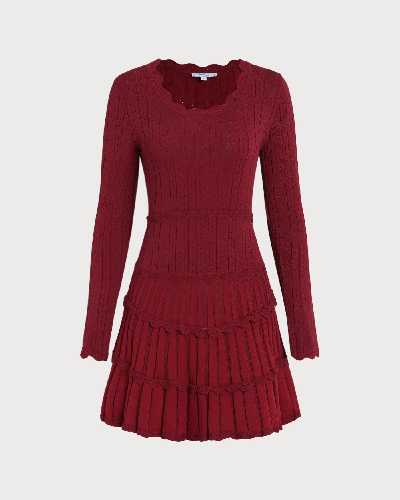 Scalloped Viscose Sweater Dress in Wine Red