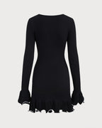 Mini Dress with Ruffled Black Ribbed Sweater Design