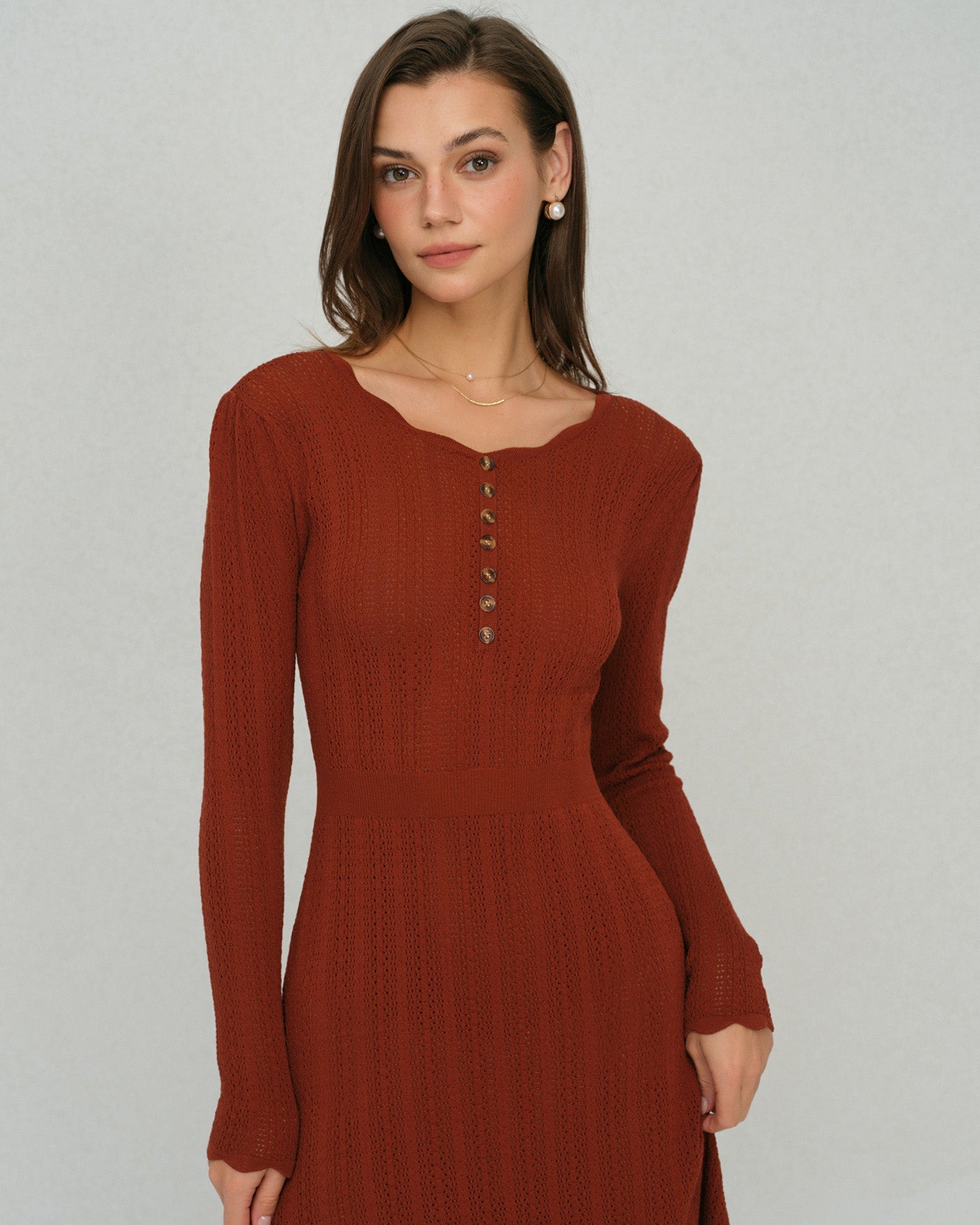 Brown Scalloped A-Line Knit Dress