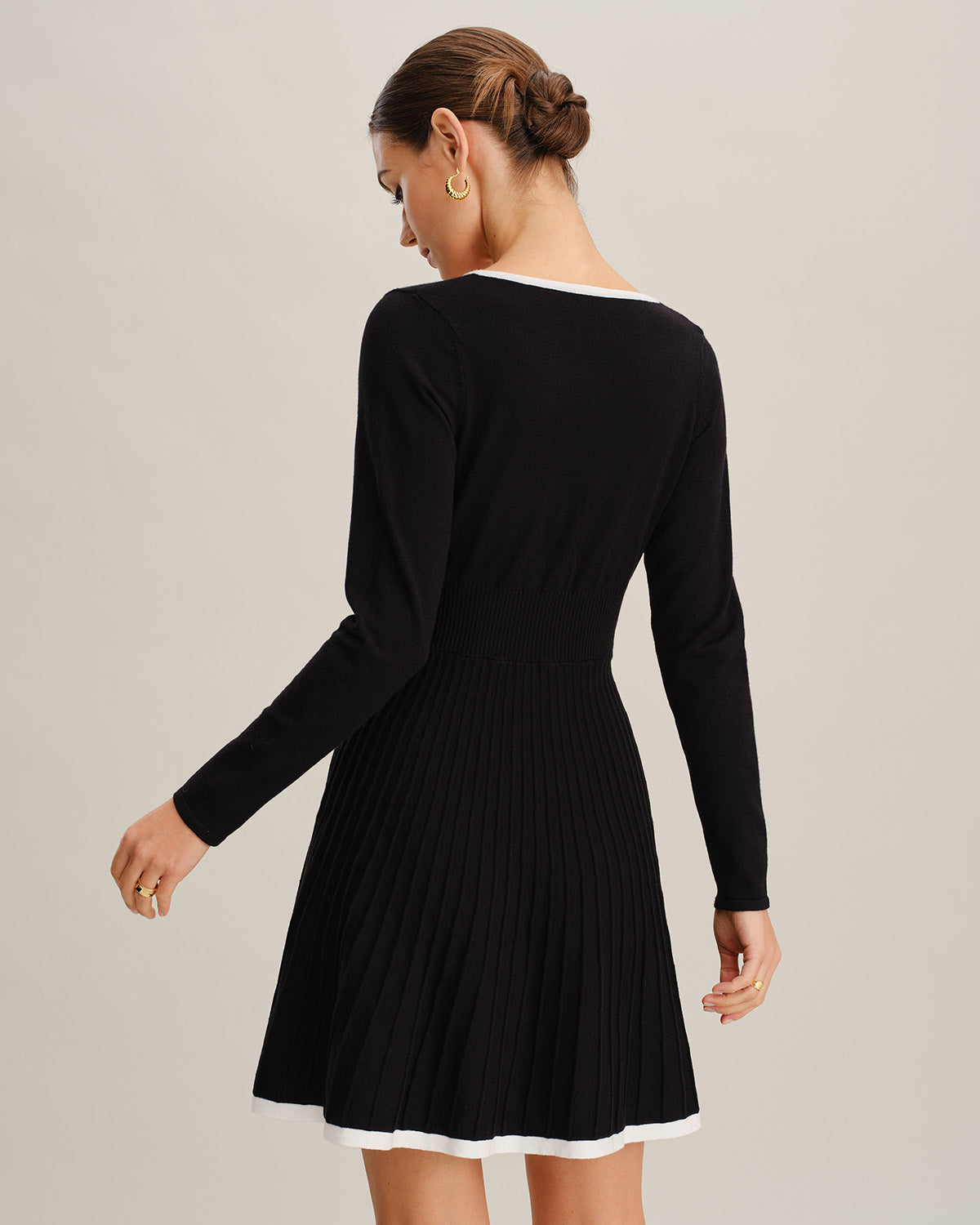 V-Neck Button Sweater Dress with Black Contrast
