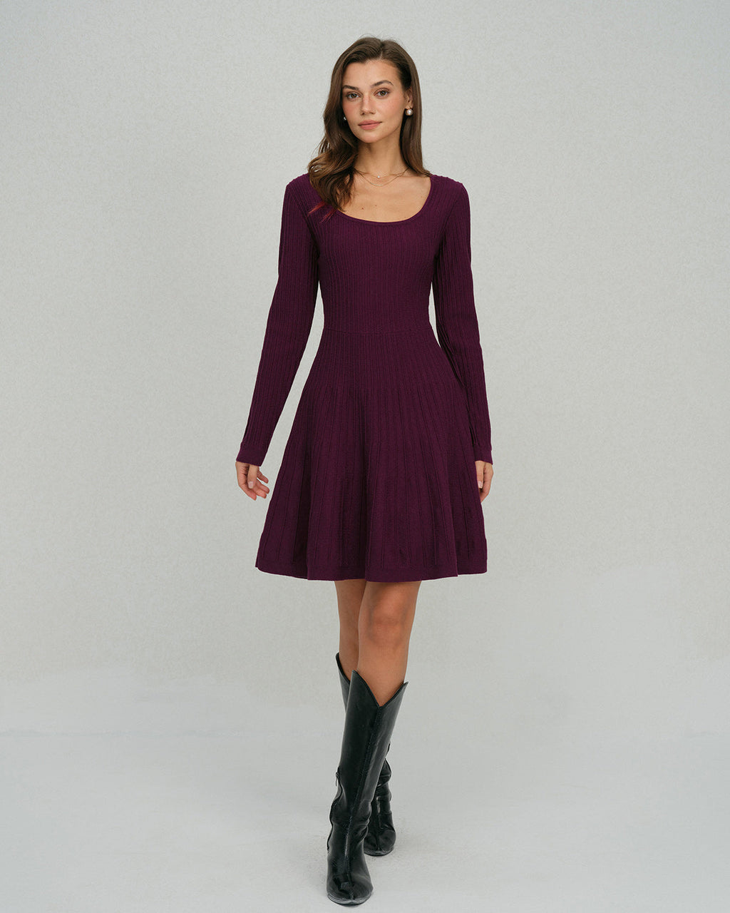 Purple A-Line Sweater Dress with Square Neck