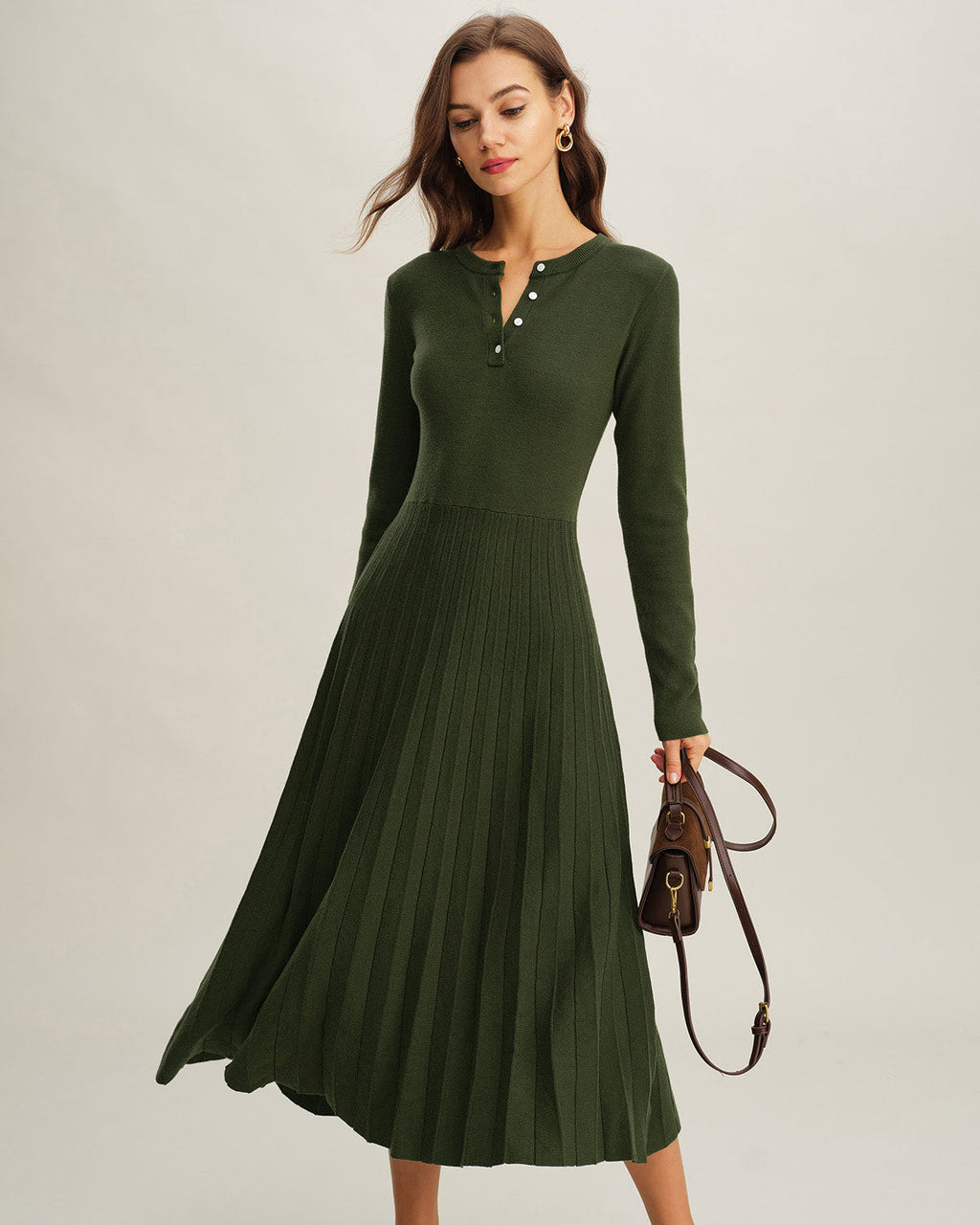 Pleated Green Round Neck Sweater Dress
