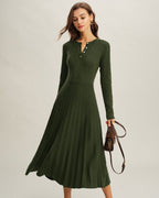 Pleated Green Round Neck Sweater Dress