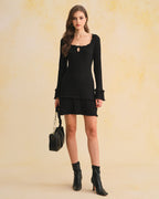 Ruffled Black Sweater Dress with Bell Sleeves