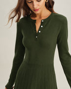 Pleated Green Round Neck Sweater Dress
