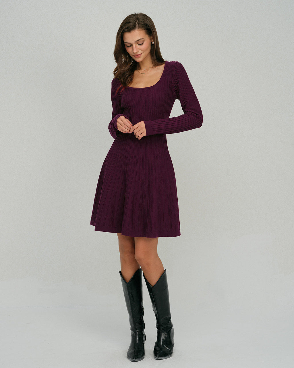 Purple A-Line Sweater Dress with Square Neck