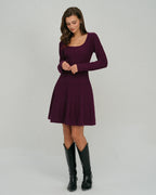 Purple A-Line Sweater Dress with Square Neck