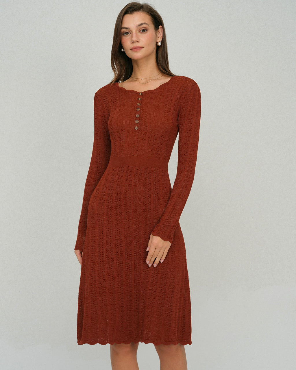 Brown Scalloped A-Line Knit Dress