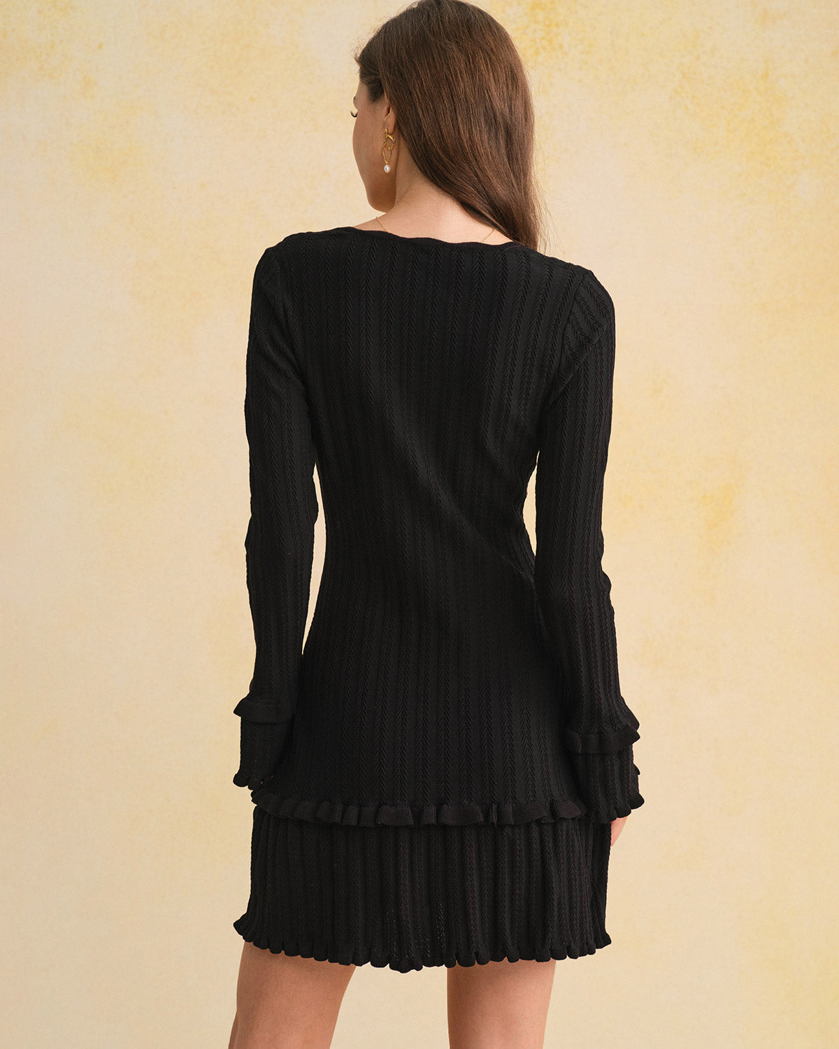 Ruffled Black Sweater Dress with Bell Sleeves