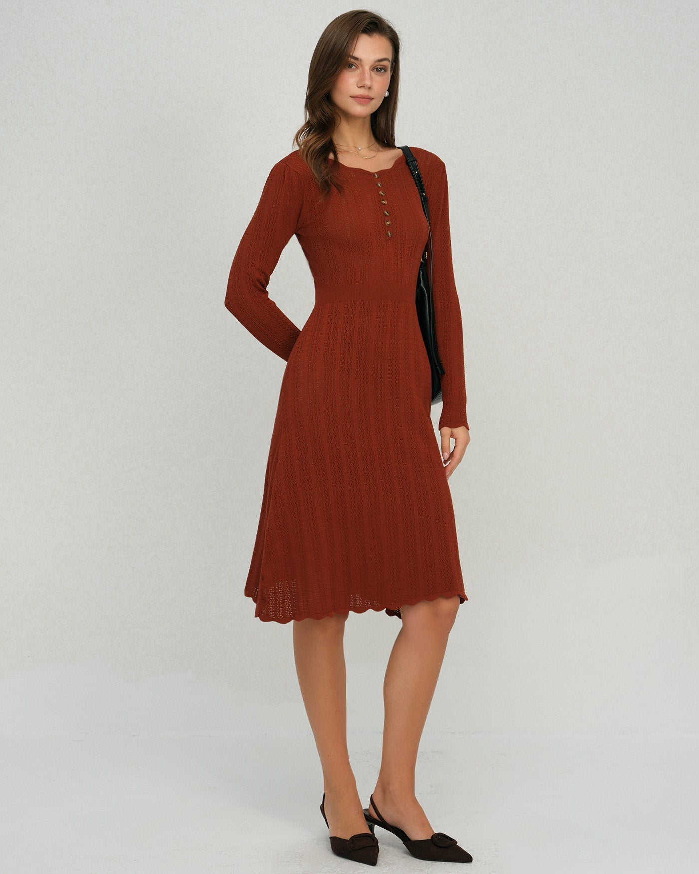 Brown Scalloped A-Line Knit Dress