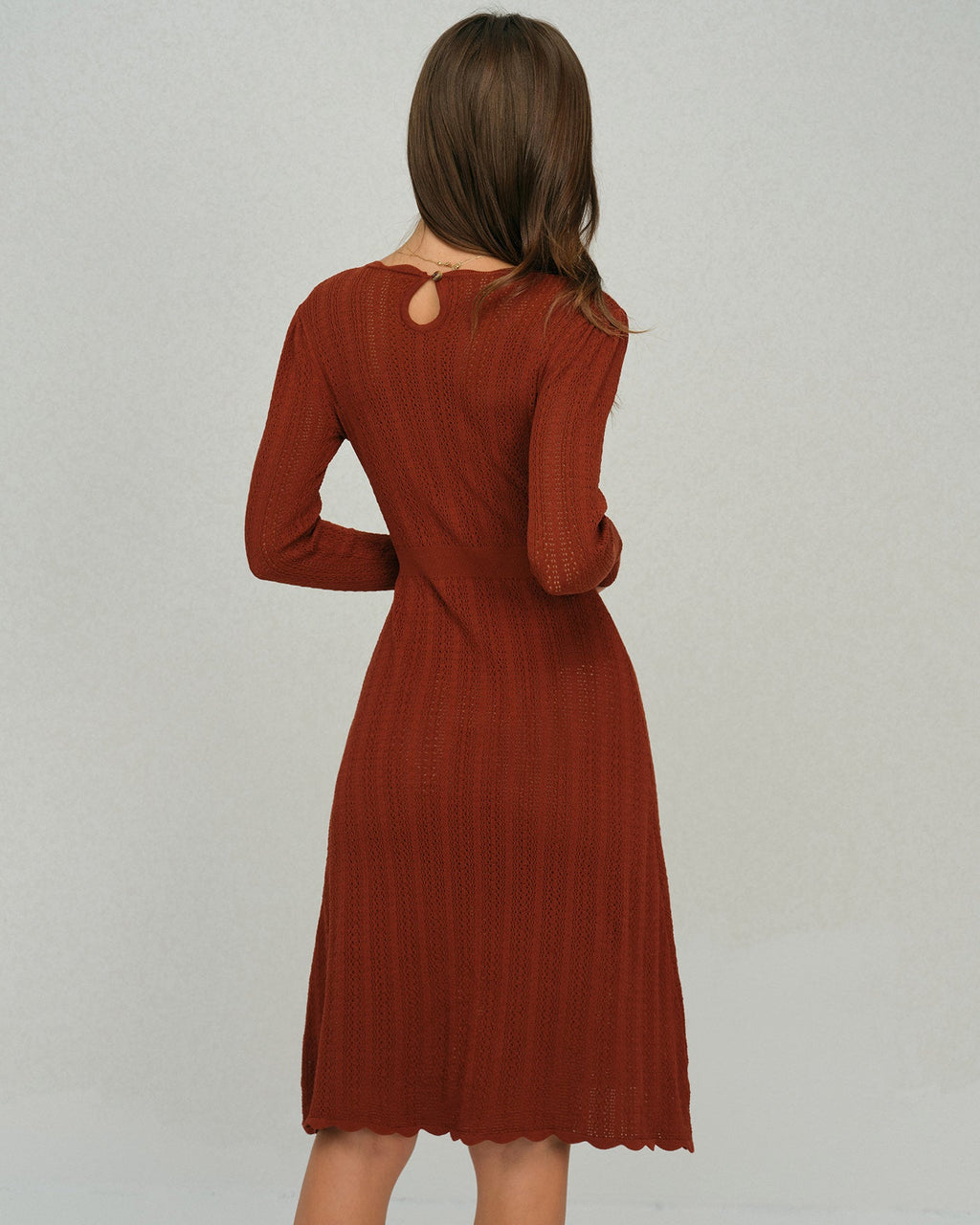 Brown Scalloped A-Line Knit Dress