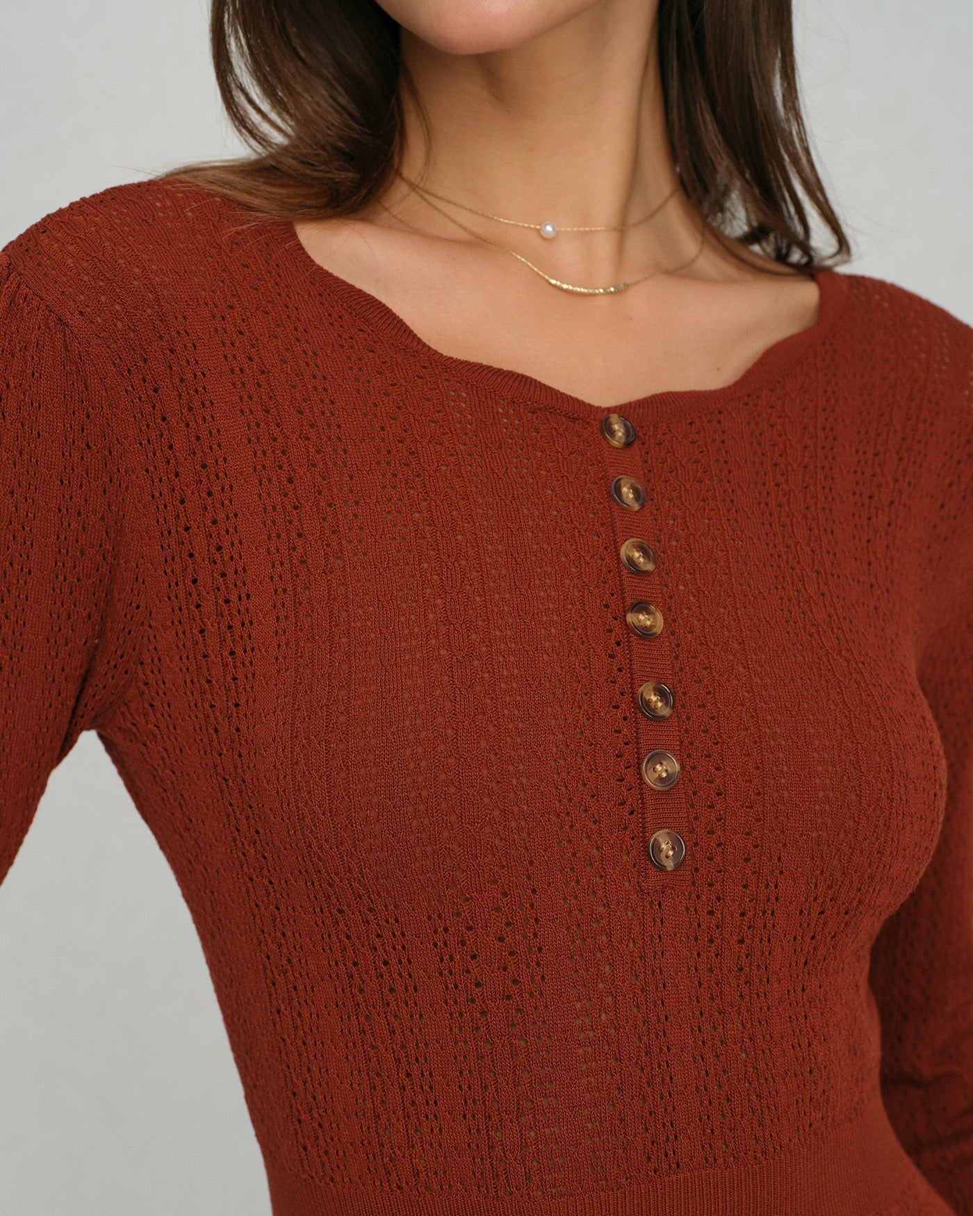 Brown Scalloped A-Line Knit Dress