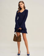 Navy V-Neck A-Line Sweater Dress