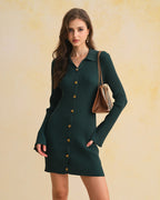 Button-Up A-Line Sweater Dress in Green