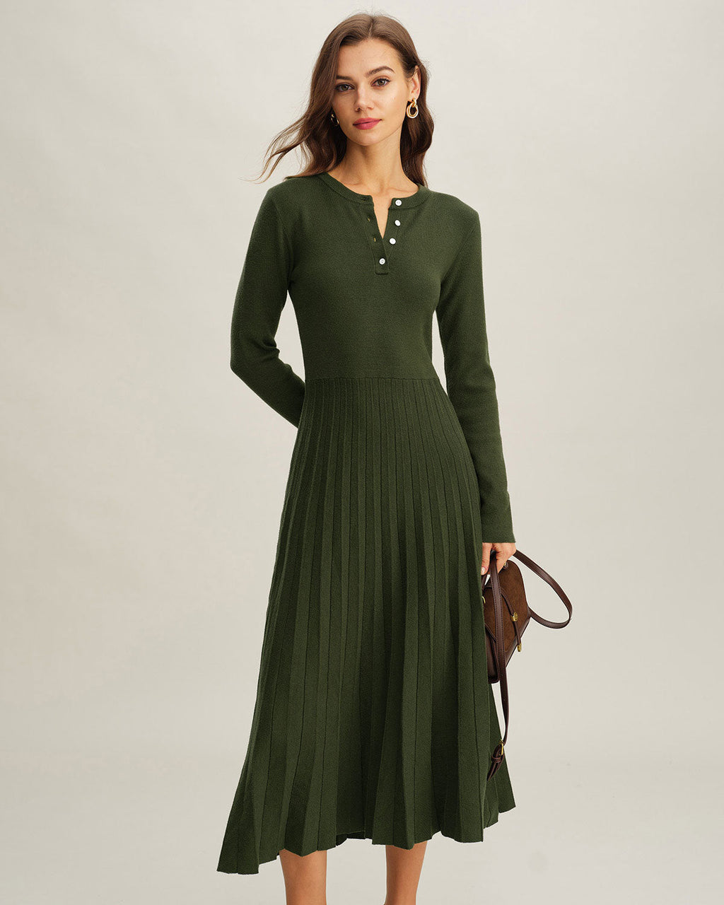 Pleated Green Round Neck Sweater Dress