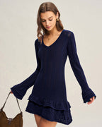 Navy V-Neck A-Line Sweater Dress