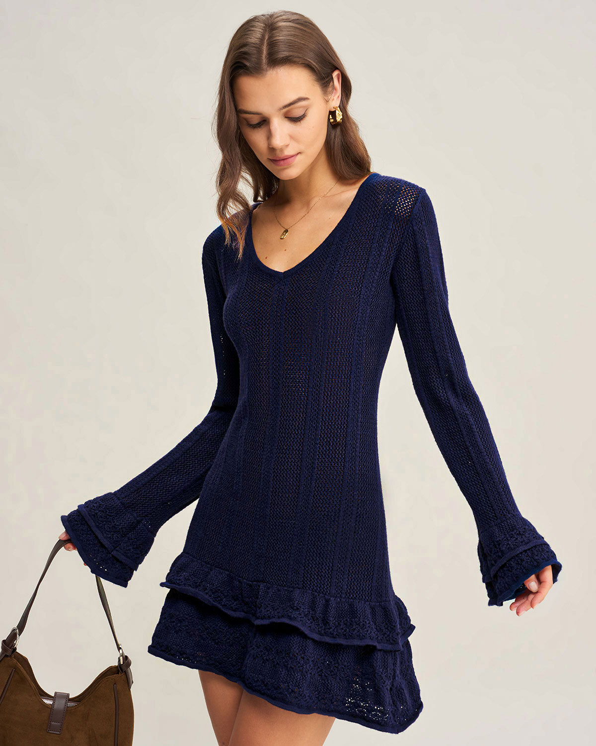 Navy V-Neck A-Line Sweater Dress