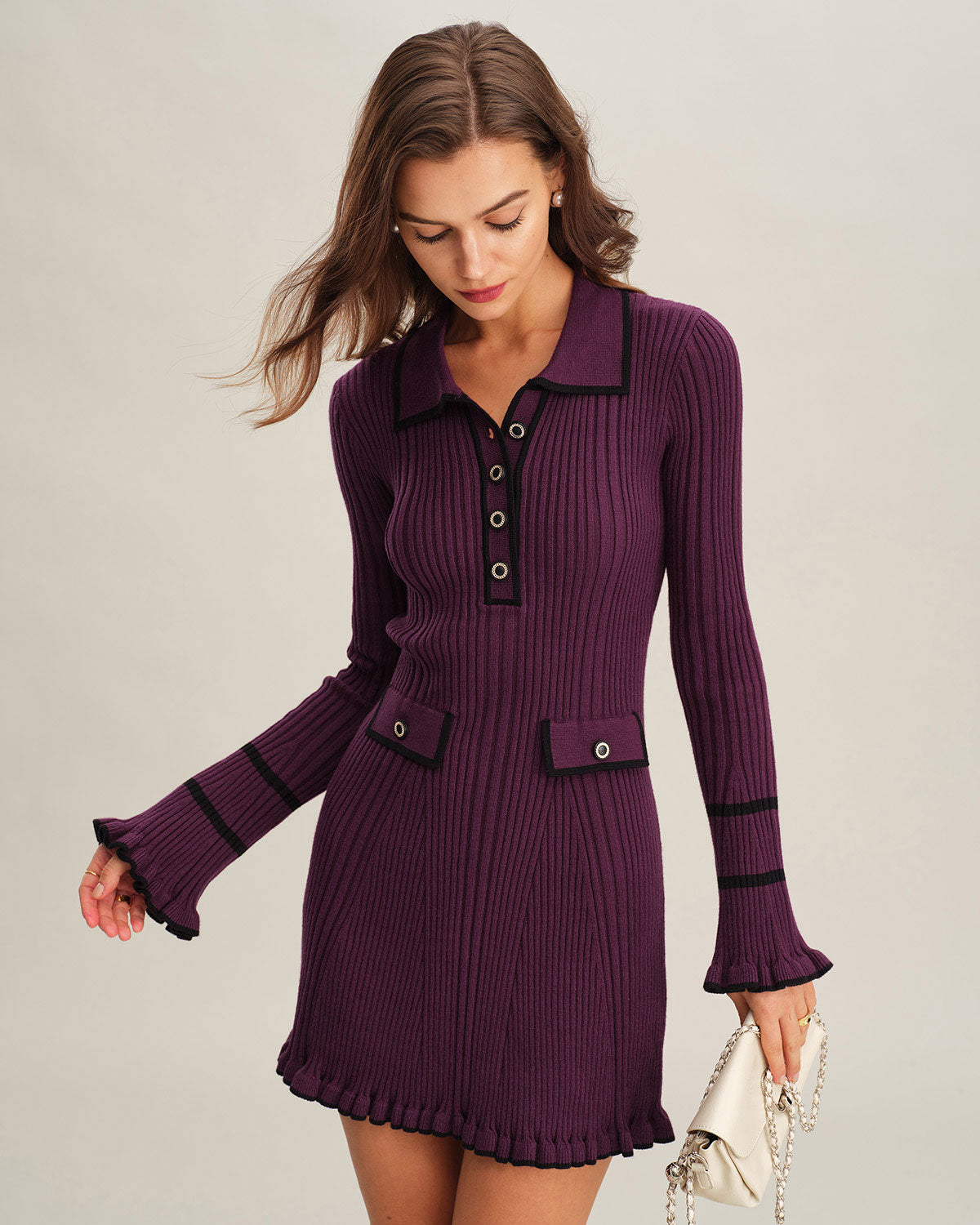 Purple Sweater Dress with Contrasting Bell Sleeves