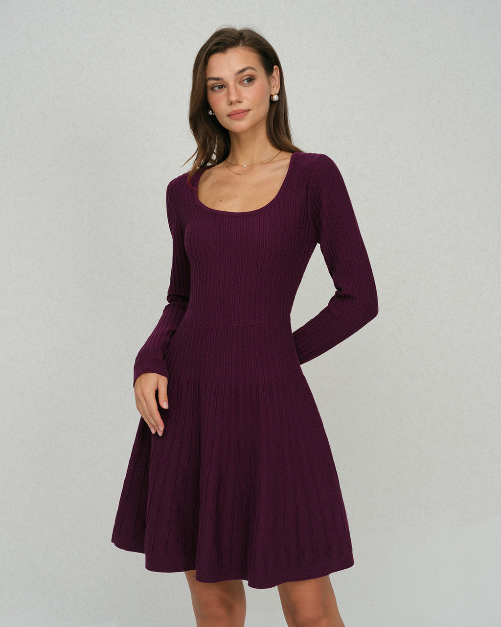 Purple A-Line Sweater Dress with Square Neck