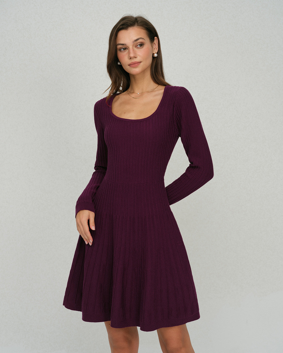 Purple A-Line Sweater Dress with Square Neck