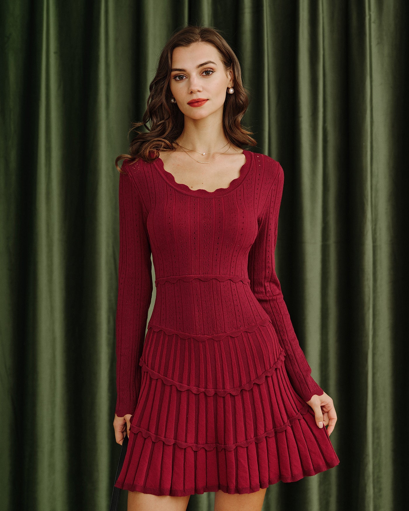 Scalloped Viscose Sweater Dress in Wine Red