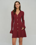 Wine Red V-Neck Sweater Dress with Bell Sleeves