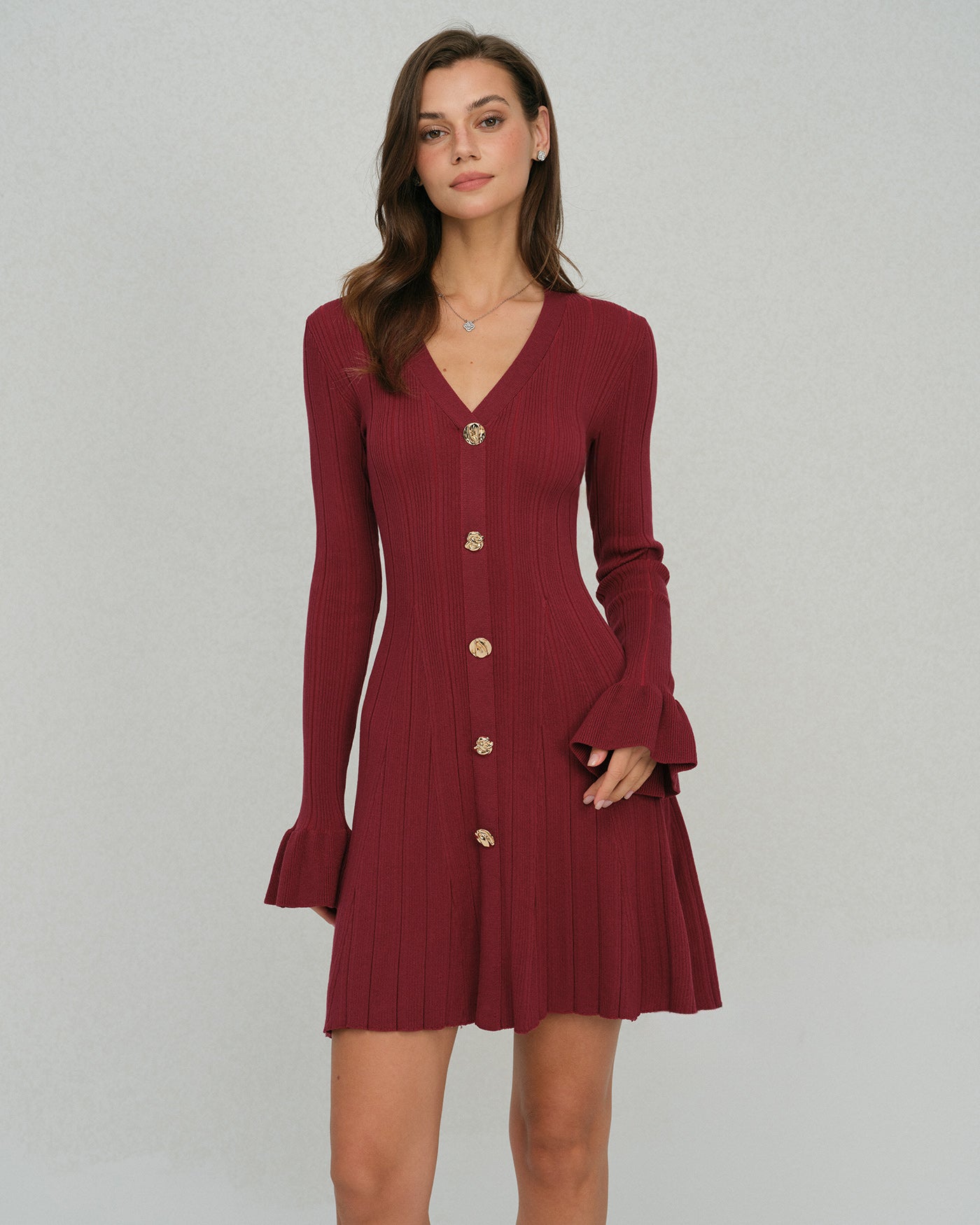 Wine Red V-Neck Sweater Dress with Bell Sleeves