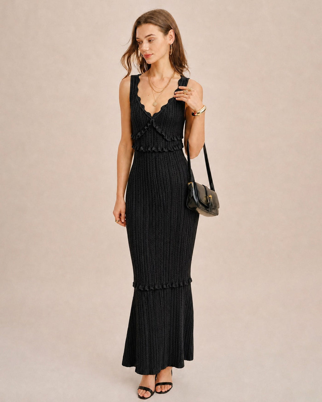 Black V-Neck Mermaid Maxi Sweater Dress