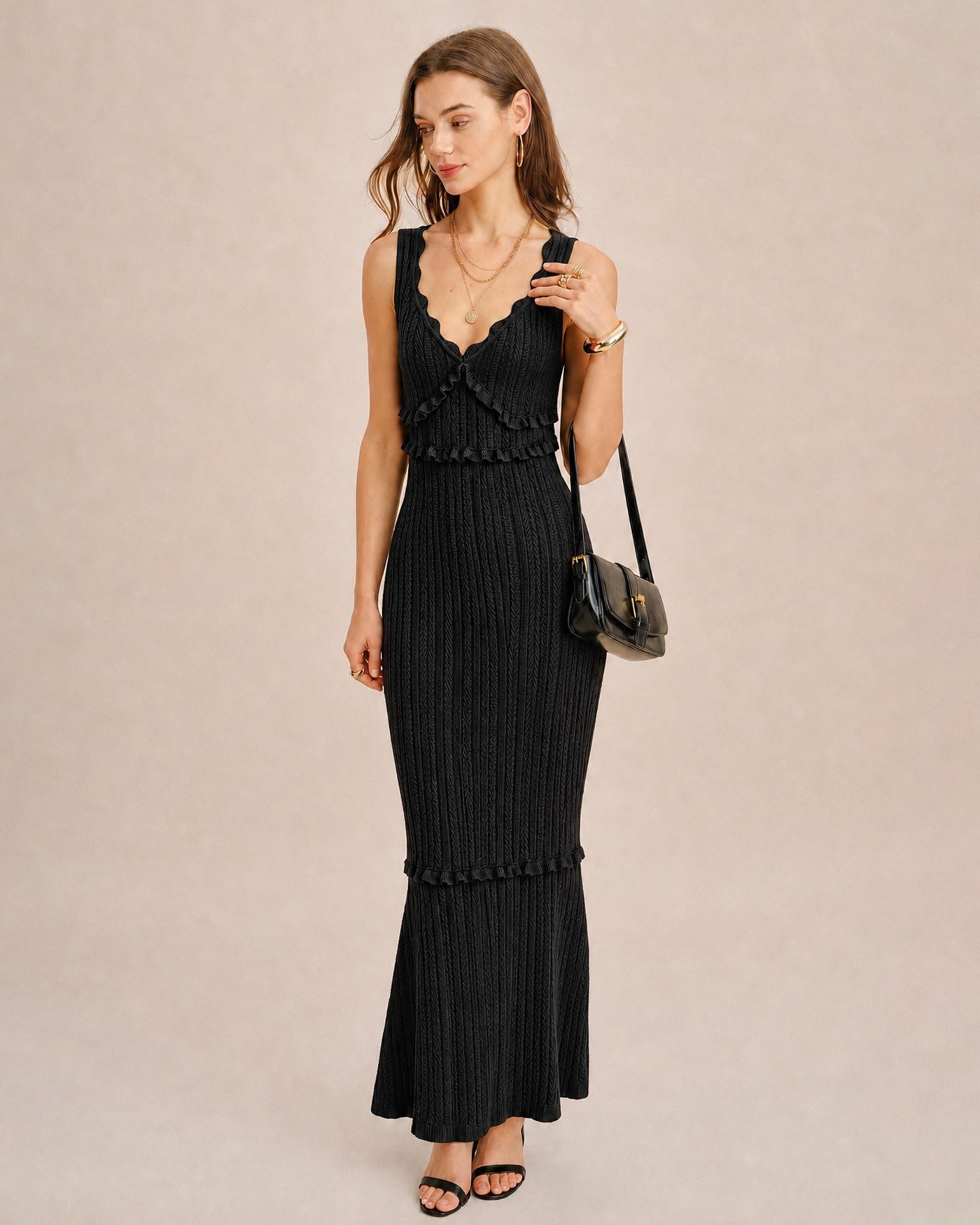 Black V-Neck Mermaid Maxi Sweater Dress