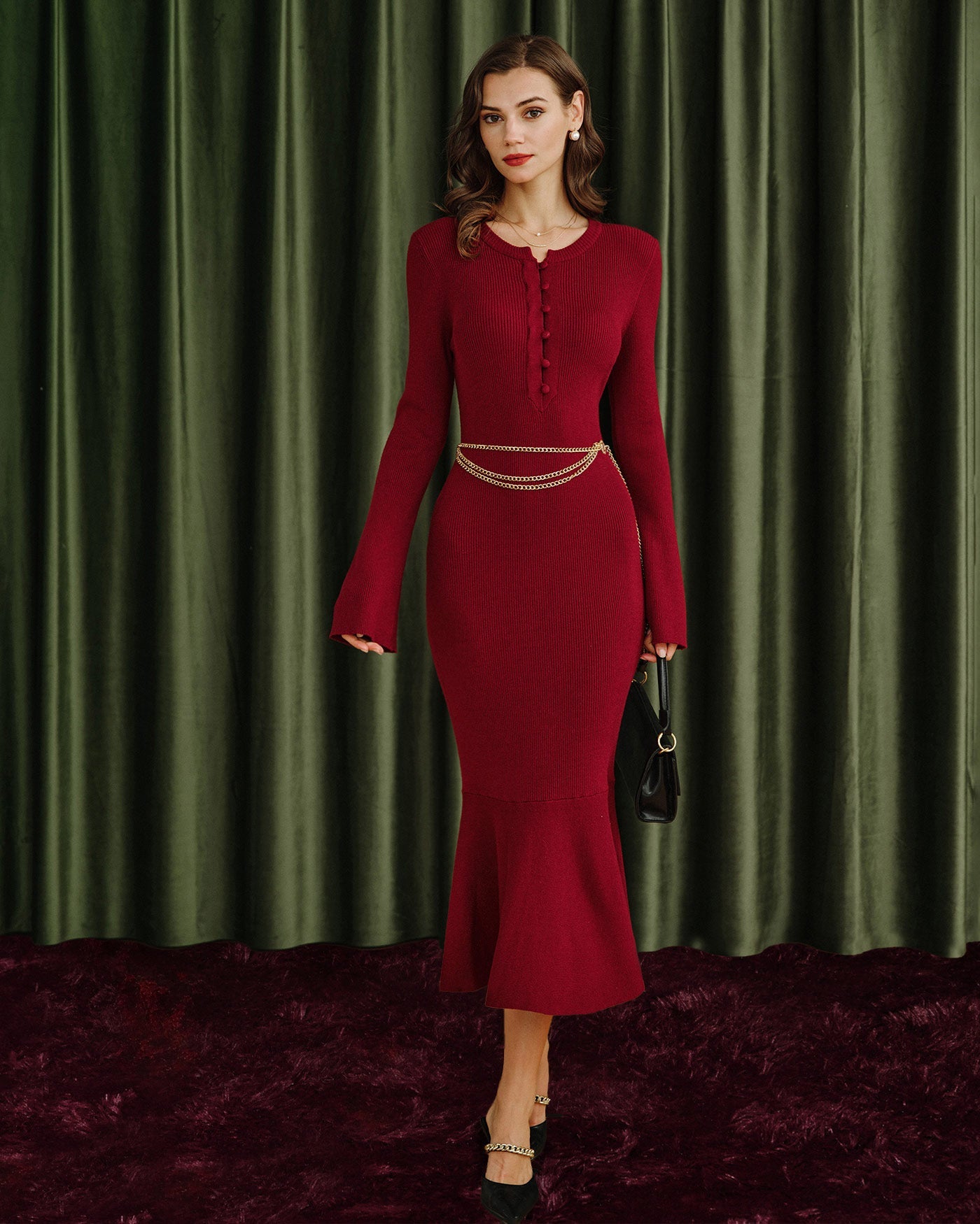 Mermaid Sweater Dress in Wine Red