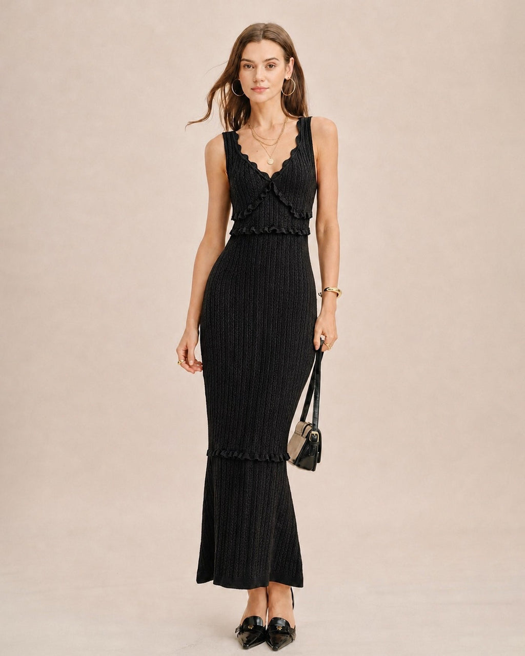Black V-Neck Mermaid Maxi Sweater Dress