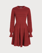 Wine Red A-Line Sweater Dress with Lantern Sleeves