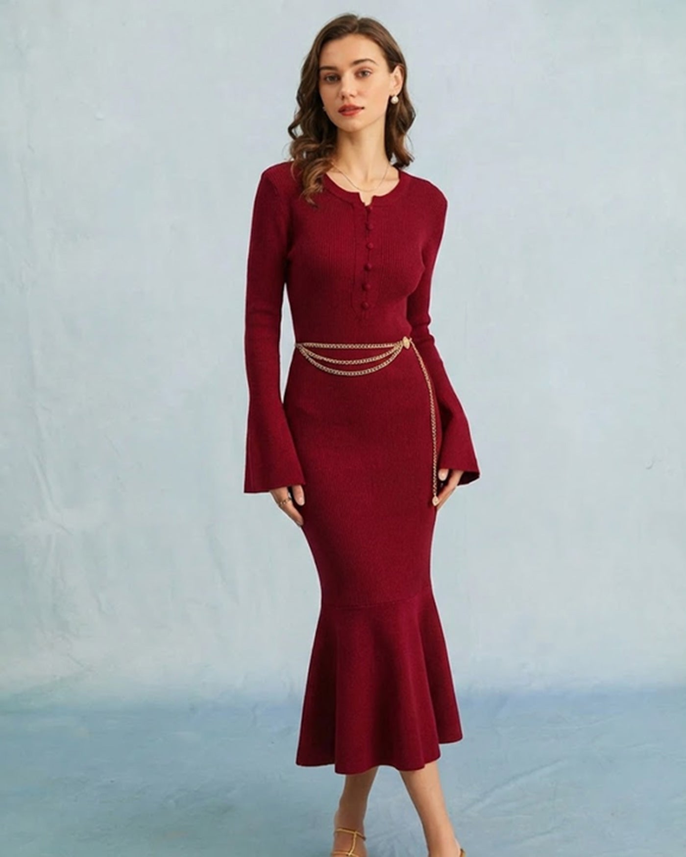 Mermaid Sweater Dress in Wine Red
