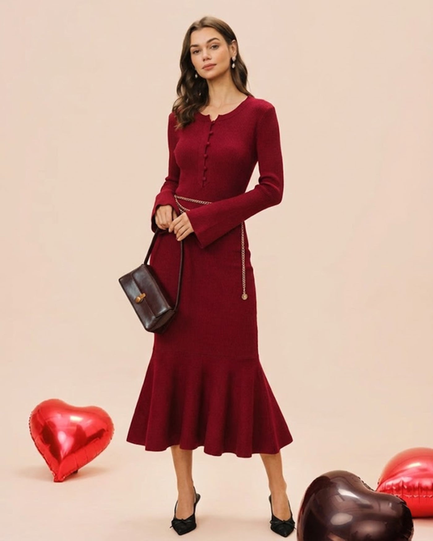 Mermaid Sweater Dress in Wine Red