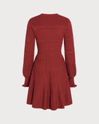 Wine Red A-Line Sweater Dress with Lantern Sleeves