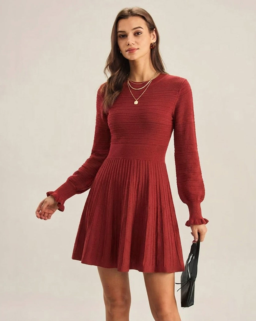 Wine Red A-Line Sweater Dress with Lantern Sleeves