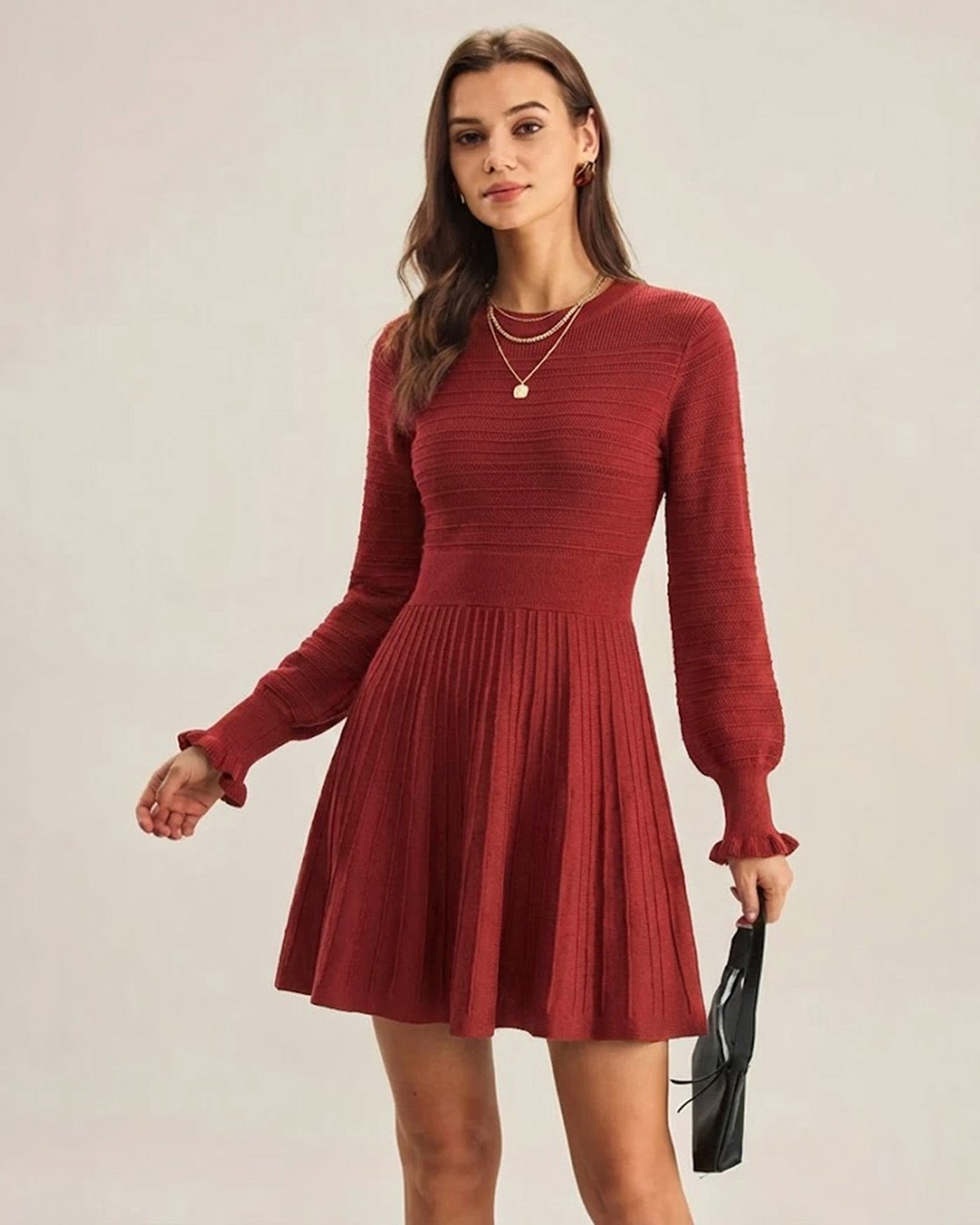 Wine Red A-Line Sweater Dress with Lantern Sleeves