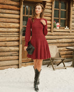 Wine Red A-Line Sweater Dress with Lantern Sleeves