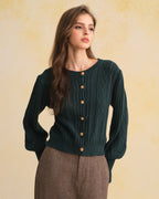 Vintage-Inspired Green Knit Cardigan with Lantern Sleeves