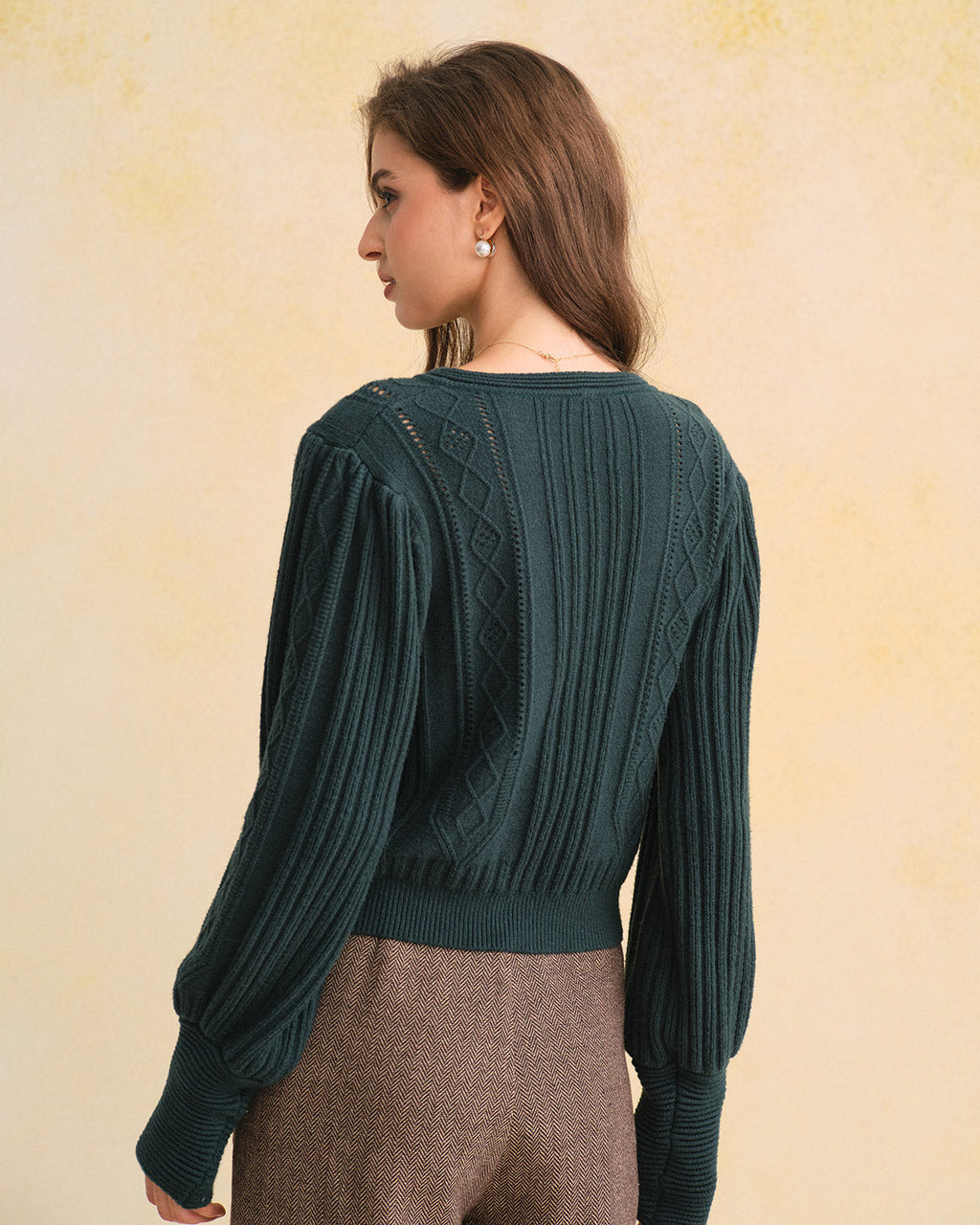 Vintage-Inspired Green Knit Cardigan with Lantern Sleeves