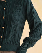 Vintage-Inspired Green Knit Cardigan with Lantern Sleeves