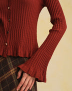 Brown Knit Cardigan with V-Neck and Bell Sleeves